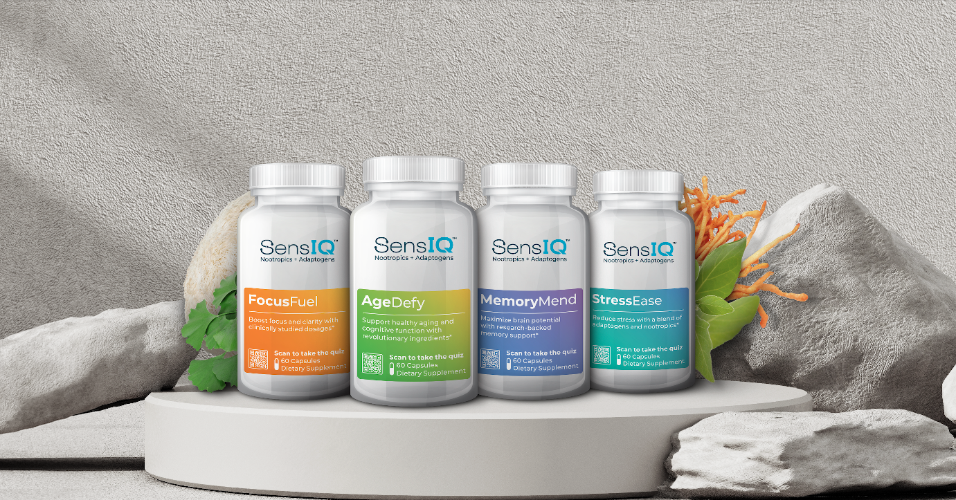 sensiq product line up FocusFuel Agedefy MemoryMend StressEase powered by Lions Mane Nootropics and Adaptogens